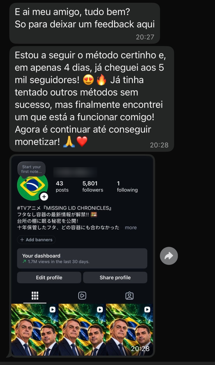 Mensagem de um aluno no WhatsApp: chegou a 5 mil seguidores em 4 dias seguindo o método
